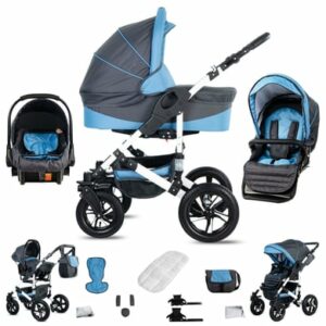 Friedrich Hugo Hamburg / 3 in 1 Kombi Kinderwagen Set / Hartgummireifen Grey & Babyblue