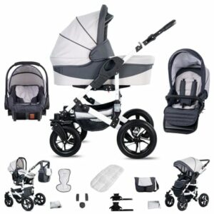 Friedrich Hugo Hamburg / 3 in 1 Kombi Kinderwagen Set / Hartgummireifen White & Grey