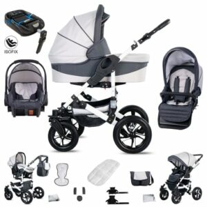 Friedrich Hugo Hamburg / 4 in 1 Kinderwagen Komplettset / ISOFIX Basis / Luftreifen White & Grey