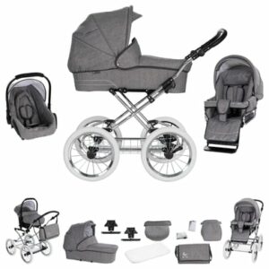 Friedrich Hugo München / 3 in 1 Kombi Kinderwagen Set / Nostalgie Kinderwagen Anthrazit - Rad: Chrom Weiß