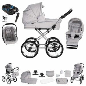 Friedrich Hugo München / 4 in 1 Kinderwagen Komplettset / ISOFIX Basis / Nostalgie Kinderwagen Silbergrau - Rad: Chrom Schwar