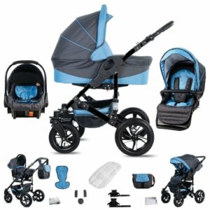 Friedrich Hugo Münster / 3 in 1 Kombi Kinderwagen Set / Hartgummireifen Grey & Babyblue