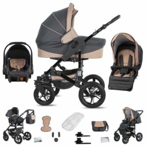 Friedrich Hugo Münster / 3 in 1 Kombi Kinderwagen Set / Hartgummireifen Grey & Beige