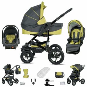 Friedrich Hugo Münster / 3 in 1 Kombi Kinderwagen Set / Hartgummireifen Grey & Green