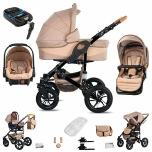 Friedrich Hugo Münster / 4 in 1 Kinderwagen Komplettset / ISOFIX Basis / Hartgummireifen Beige & Oatmeal