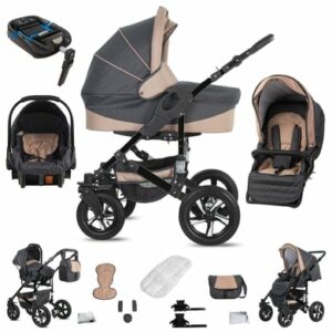 Friedrich Hugo Münster / 4 in 1 Kinderwagen Komplettset / ISOFIX Basis / Hartgummireifen Grey & Beige