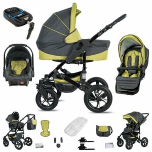 Friedrich Hugo Münster / 4 in 1 Kinderwagen Komplettset / ISOFIX Basis / Hartgummireifen Grey & Green