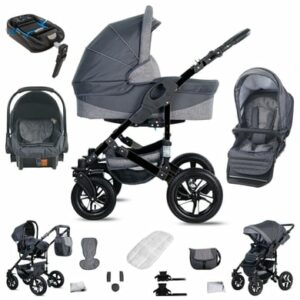 Friedrich Hugo Münster / 4 in 1 Kinderwagen Komplettset / ISOFIX Basis / Hartgummireifen Grey & Grey Linen