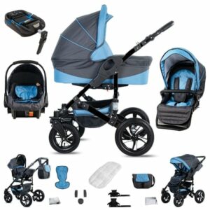 Friedrich Hugo Münster / 4 in 1 Kinderwagen Komplettset / ISOFIX Basis / Luftreifen Grey & Babyblue