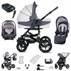 Friedrich Hugo Münster / 4 in 1 Kinderwagen Komplettset / ISOFIX Basis / Luftreifen White & Grey