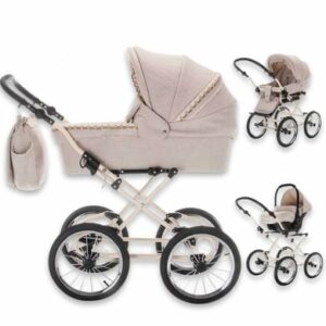 Friedrich Hugo Natureline / 3 in 1 Kombi Kinderwagen Set / Öko Nostalgie Kinderwagen Hugo Creme