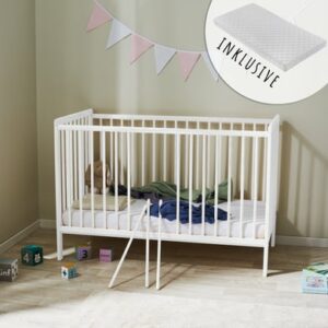 Kids Collective Babybett Gitterbett 60x120 höhenverstellbar & herausnehmbare Sprossen weiß mit Matratze