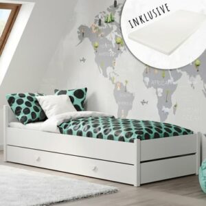 Kids Collective Kinderbett Jugendbett 90x200 mit Schublade & Lattenrost weiß mit Matratze