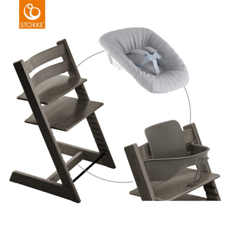 STOKKE® Mega Tripp Trapp® Set Hochstuhl Buche Hazy Grey inkl. Newborn Set™ Grey und Baby Set Hazy Grey