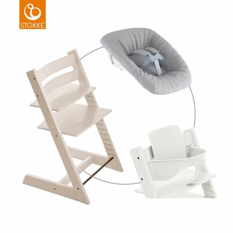 STOKKE® Mega Tripp Trapp® Set Hochstuhl Buche Whitewash inkl. Newborn Set™ Grey und Baby Set weiß