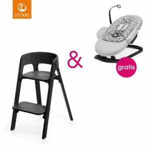 STOKKE® Steps™ Hochstuhl schwarz Buche schwarz mit gratis Babywippe Grey Clouds