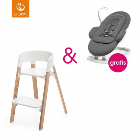 STOKKE® Steps™ Hochstuhl weiß Buche natur + gratis Babywippe White Deep Grey