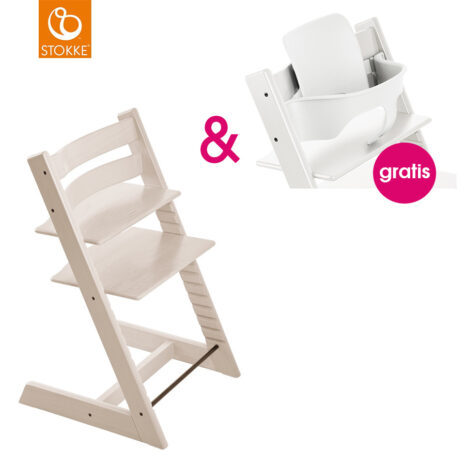 STOKKE® Tripp Trapp® Hochstuhl Buche Whitewash + gratis Baby Set weiß