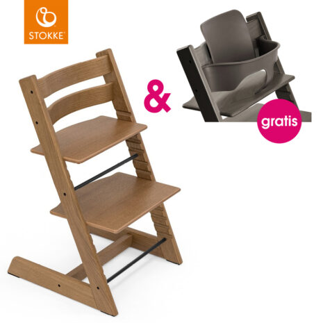 STOKKE® Tripp Trapp® Hochstuhl Oak braun + gratis Baby Set Hazy Grey