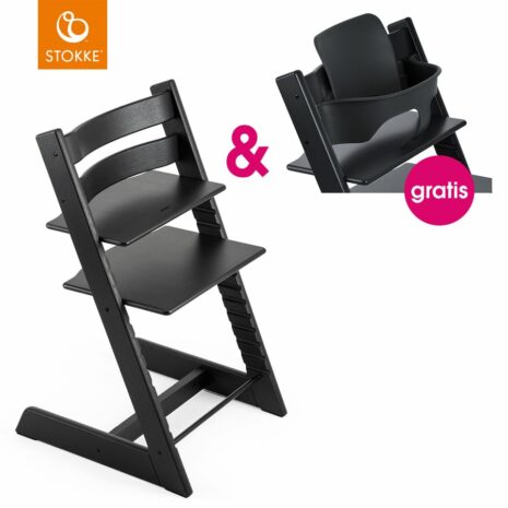 STOKKE® Tripp Trapp® Hochstuhl Oak schwarz + gratis Baby Set schwarz