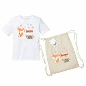 Schnullireich Geschenkset mit Namen Kleiner Fuchs: Turnbeutel + Kinder T-Shirt Weiß