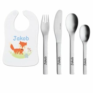 Schnullireich Geschenkset mit Namen ONEMini: Puresigns Kinderbesteck + Lätzchen Fuchs Silber