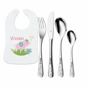 Schnullireich Geschenkset mit Namen Safari: WMF Kinderbesteck + Lätzchen Rosa Elefant Silber