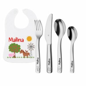 Schnullireich Geschenkset mit Namen WMF Kinderbesteck Farm + Baby Lätzchen Bauernhof Silber