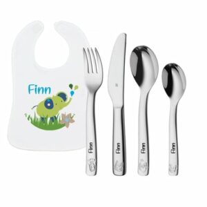 Schnullireich Geschenkset mit Namen WMF Kinderbesteck Farm + Baby Lätzchen Elefant Silber