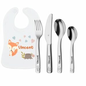 Schnullireich Geschenkset mit Namen WMF Kinderbesteck Farm + Baby Lätzchen Fuchs Silber