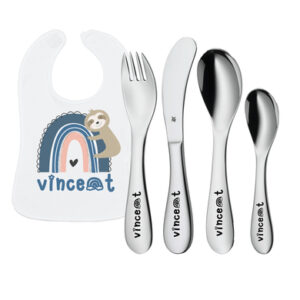 Schnullireich Geschenkset mit Namen WMF Kinderbesteck Knuddel 4-Teilig + Lätzchen Blue Rainbow Silber