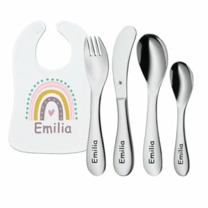 Schnullireich Geschenkset mit Namen WMF Kinderbesteck Knuddel 4-Teilig + Lätzchen Rose Rainbow Silber