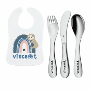 Schnullireich Geschenkset mit Namen WMF Kinderbesteck Knuddel Mini 3 Tlg. + Lätzchen Blue Rainbow Silber