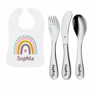 Schnullireich Geschenkset mit Namen WMF Kinderbesteck Knuddel Mini 3 Tlg. + Lätzchen Rose Rainbow Silber