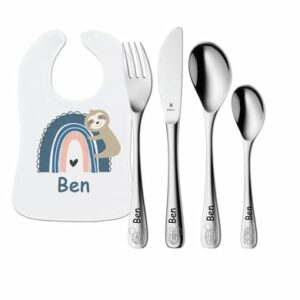 Schnullireich Geschenkset mit Namen WMF Kinderbesteck Mickey & Friends + Lätzchen Blue Rainbow Silber