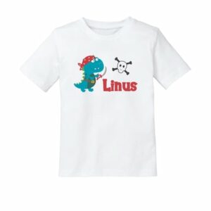 Schnullireich Kinder T-Shirt mit Namen (Kurzarm) Piraten-Dino Weiß