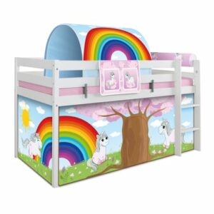 TICAA Hochbett Einhorn Rainbow inkl. Zubehör Kiefer weiß Weiß