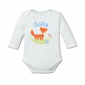 Schnullireich Baby Body (Langarm) mit Namen Fuchs Woody Weiß