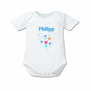 Schnullireich Baby Body (Kurzarm) mit Namen Blaues Herz Weiß