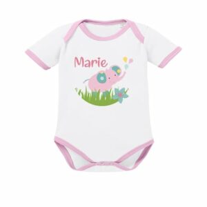 Schnullireich Baby Body (Kurzarm) mit Namen Rosa Elefant (Sporty) Weiß