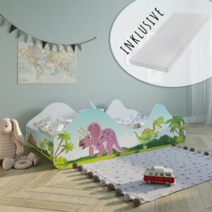 Kids Collective Kinderbett Jugendbett 80x160 mit Rausfallschutz / Kinder Spielbett mit Lattenrost Dino Motiv mit Matratze