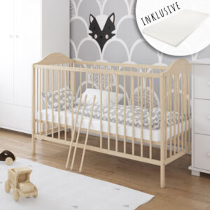 Kids Collective Babybett Gitterbett 60x120 höhenverstellbar / herausnehmbare Sprossen Stäbe natur mit Matratze