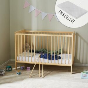 Kids Collective Babybett Gitterbett 60x120 höhenverstellbar & herausnehmbare Sprossen natur mit Matratze